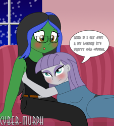 Size: 924x1022 | Tagged: safe, artist:cyber-murph, maud pie, oc, oc:lightning voice, equestria girls, g4, my little pony equestria girls: better together, blushing, canon x oc, clothes, commission, cuddling, cute, duo, duo female, female, glasses, lesbian, shipping, signature, snow, tank top, window