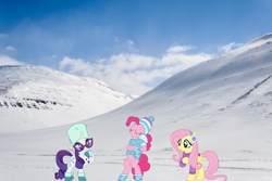 Size: 1800x1200 | Tagged: safe, artist:cloudy glow, artist:pink1ejack, fluttershy, pinkie pie, rarity, earth pony, pegasus, pony, g4, bipedal, bipedal leaning, boots, clothes, earmuffs, female, glasses, hat, iceland, irl, leaning, mare, photo, ponies in real life, shoes, story included, sweater, winter outfit