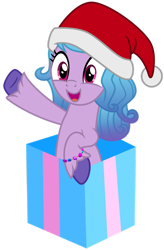 Size: 1024x1557 | Tagged: safe, artist:emeraldblast63, izzy moonbow, pony, unicorn, g4, g5, my little pony: a new generation, box, christmas, female, g5 to g4, hat, holiday, open mouth, pony in a box, present, santa hat, solo