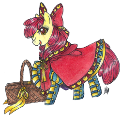 Size: 1264x1217 | Tagged: safe, artist:fountainstranger, apple bloom, earth pony, pony, g4, basket, clothes, female, filly, little red riding hood, simple background, solo, transparent background