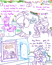 Size: 4779x6013 | Tagged: safe, artist:adorkabletwilightandfriends, firelight, starlight glimmer, twilight sparkle, alicorn, pony, unicorn, comic:adorkable twilight and friends, g4, adorkable, adorkable twilight, back, bed, bedroom, bells, butt, cellphone, christmas, christmas decoration, christmas tree, comic, conversation, cute, dad, decoration, door, dork, emotional, family, father and child, father and daughter, feels, female, garland, glowing, glowing horn, grumpy, hearth's warming, holiday, horn, levitation, love, magic, magic aura, male, mom, nightstand, phone, picture, plot, present, relationships, room, sitting, slice of life, smartphone, telekinesis, tree, twilight sparkle (alicorn), wreath