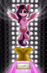 Size: 2650x4096 | Tagged: safe, artist:gleamydreams, pipp petals, pegasus, pony, g5, my little pony: a new generation, female, flying, headband, looking at you, mare, parfum la pipp, perfume, princess pipp, smiling, spread wings, wings
