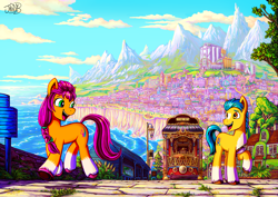 Size: 7016x4961 | Tagged: safe, artist:jowyb, hitch trailblazer, sunny starscout, earth pony, pony, g5, my little pony: a new generation, absurd file size, absurd resolution, canterlogic building, detailed background, duo, female, male, mare, maretime bay, scenery, scenery porn, stallion, tram