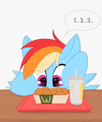 Size: 1189x1428 | Tagged: safe, artist:omi, rainbow dash, pegasus, pony, g4, chicken meat, chicken nugget, counting, female, food, mare, mcdonald's, meat, solo, speech bubble, spread wings, wings