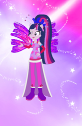 Size: 584x889 | Tagged: safe, artist:magical-mama, artist:selenaede, artist:user15432, twilight sparkle, alicorn, fairy, equestria girls, g4, alternate hairstyle, barely eqg related, base used, boots, clothes, colored wings, crossover, crystal sirenix, dress, fairy wings, fairyized, gradient background, gradient wings, high heel boots, high heels, long hair, ponied up, ponytail, purple dress, shoes, sirenix, solo, sparkly background, sparkly wings, twilight sparkle (alicorn), wings, winx, winx club, winxified
