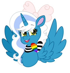 Size: 1280x1339 | Tagged: safe, artist:tuttyfruitcutie, oc, oc:fleurbelle, alicorn, pony, alicorn oc, bow, female, hair bow, horn, mare, simple background, straight ally flag, transparent background, wings, yellow eyes