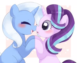 Size: 2048x1682 | Tagged: safe, artist:ginmaruxx, starlight glimmer, trixie, pony, unicorn, g4, abstract background, blushing, boop, cute, diatrixes, duo, duo female, eyelashes, eyes closed, female, glimmerbetes, heart, heart eyes, horn, lesbian, mare, noseboop, open mouth, open smile, ship:startrix, shipping, smiling, tail, wingding eyes
