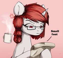 Size: 1461x1352 | Tagged: safe, artist:vickyvoo, oc, oc:pyrebelle, pony, unicorn, female, food, frown, glasses, hooves, mare, red eyes, red hair, scroll, solo, tea