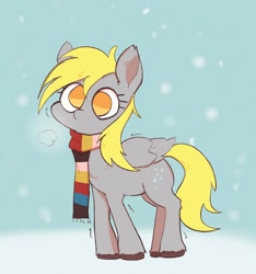 Size: 1440x1538 | Tagged: safe, artist:noupu, derpy hooves, pegasus, pony, g4, breath, clothes, cute, derpabetes, female, mare, no pupils, scarf, shivering, snow, snowfall, solo, striped scarf, unshorn fetlocks