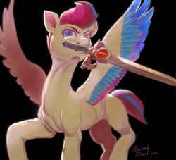 Size: 900x816 | Tagged: safe, artist:grissaecrim, zipp storm, pegasus, pony, g5, my little pony: a new generation, female, mare, mouth hold, solo, sword, sword of omens, thundercats, weapon