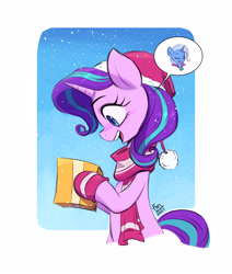 Size: 2480x2924 | Tagged: safe, artist:fanzeem, starlight glimmer, trixie, pony, unicorn, g4, christmas, clothes, cute, female, glimmerbetes, gloves, hat, high res, holiday, mare, open mouth, open smile, present, santa hat, scarf, smiling, snow, solo, thankful