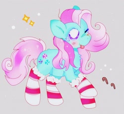 Size: 2346x2160 | Tagged: safe, artist:bug-roux, minty, earth pony, pony, g3, :p, blushing, chest fluff, christmas, christmas stocking, clothes, female, high res, holiday, mare, one eye closed, socks, solo, striped socks, that pony sure does love socks, tongue out, wink
