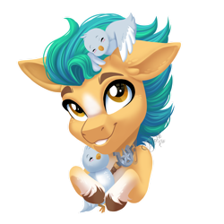 Size: 1280x1280 | Tagged: safe, artist:jack-pie, hitch trailblazer, bird, earth pony, pony, g5, my little pony: a new generation, blushing, coat markings, critter magnet, critters, eyes closed, male, simple background, socks (coat markings), stallion, transparent background