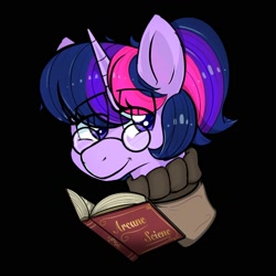 Size: 2000x2000 | Tagged: safe, artist:orbitingdamoon, twilight sparkle, pony, unicorn, g4, alternate hairstyle, book, glasses, high res, smiling, solo