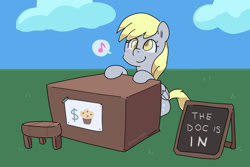 Size: 1600x1067 | Tagged: safe, artist:talimingi, derpy hooves, pegasus, pony, g4, blushing, cloud, cute, derpabetes, food, muffin, sign, solo