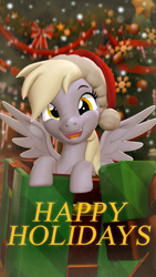 Size: 2160x3840 | Tagged: safe, artist:owlpirate, derpy hooves, pegasus, pony, g4, 3d, box, christmas, christmas tree, cute, derpabetes, female, hat, high res, holiday, open mouth, pony in a box, present, santa hat, solo, source filmmaker, tree