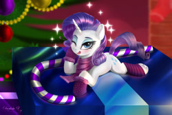 Size: 2625x1750 | Tagged: safe, artist:darksly, part of a set, rarity, pony, unicorn, g4, candy, candy cane, christmas, christmas tree, clothes, cute, female, food, frog (hoof), holiday, horn, looking at you, lying down, mare, one eye closed, open mouth, open smile, present, prone, raribetes, scarf, smiling, smiling at you, sparkles, tiny, tiny ponies, tree, underhoof, wink, winking at you