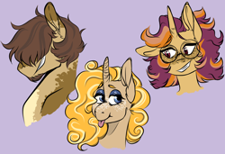 Size: 1750x1200 | Tagged: safe, artist:silagekiddz, oc, oc only, oc:butternut squash, oc:mashed potatoes, oc:poppy seed, oc:spud, earth pony, pony, unicorn, :p, bust, earth pony oc, eyelashes, female, grin, hair over eyes, horn, makeup, male, mare, purple background, simple background, smiling, smirk, stallion, tongue out, unicorn oc