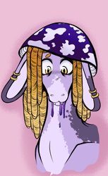 Size: 1831x3000 | Tagged: safe, artist:silagekiddz, oc, oc only, oc:amethyst deceiver, earth pony, pony, bust, dreadlocks, ear piercing, earring, earth pony oc, hat, jewelry, magical gay spawn, male, offspring, parent:discord, parent:zephyr breeze, piercing, stallion