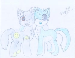 Size: 3300x2550 | Tagged: safe, artist:fliegerfausttop47, derpibooru exclusive, oc, oc only, oc:smiley, oc:voidshark, cat, cat pony, earth pony, original species, pony, best friends, black sclera, brown eyes, chest fluff, colt, duo, ear fluff, fluffy, fluffy tail, gift art, happy, high res, leg fluff, looking at each other, looking at someone, male, ponified, qwuedeviv, sharp teeth, signature, smiley face, smiling, tail, teeth, traditional art, white pupils