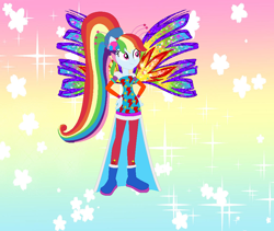 Size: 922x777 | Tagged: safe, artist:magical-mama, artist:selenaede, artist:user15432, rainbow dash, fairy, equestria girls, g4, alternate hairstyle, barely eqg related, base used, blue dress, boots, clothes, colored wings, crossover, crystal sirenix, dress, fairy wings, fairyized, gradient background, gradient wings, hand on hip, high heel boots, high heels, long hair, multicolored wings, ponied up, ponytail, rainbow background, rainbow wings, seashell, shoes, sirenix, solo, sparkly background, sparkly wings, wings, winx, winx club, winxified