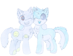 Size: 3300x2550 | Tagged: safe, artist:fliegerfausttop47, derpibooru exclusive, edit, editor:php178, oc, oc only, oc:smiley, oc:voidshark, cat, cat pony, earth pony, original species, pony, 2022 community collab, derpibooru community collaboration, background removed, best friends, black sclera, brown eyes, chest fluff, colt, duo, ear fluff, fluffy, fluffy tail, gift art, happy, high res, leg fluff, looking at each other, looking at someone, male, ponified, qwuedeviv, sharp teeth, simple background, smiley face, smiling, tail, teeth, traditional art, transparent background, white pupils