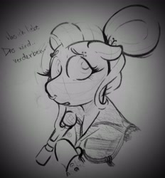 Size: 3120x3355 | Tagged: safe, artist:dsstoner, fluttershy, pegasus, pony, g4, clothes, german, hair bun, hairpin, high res, jacket, lyrics, microphone, piercing, rammstein, song reference, text