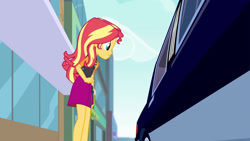 Size: 3410x1920 | Tagged: safe, screencap, sunset shimmer, driving miss shimmer, equestria girls, equestria girls series, g4, car, clothes, cutie mark on clothes, driving miss shimmer: rarity, female, geode of empathy, high res, jacket, jewelry, leather, leather jacket, limousine, magical geodes, necklace, solo
