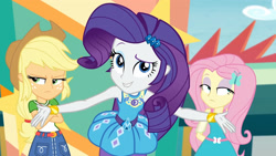 Size: 3410x1920 | Tagged: safe, screencap, applejack, fluttershy, rarity, equestria girls, equestria girls specials, g4, my little pony equestria girls: better together, my little pony equestria girls: rollercoaster of friendship, applejack is not amused, applejack's hat, belt, bracelet, clothes, cowboy hat, crossed arms, cutie mark on clothes, denim skirt, equestria land, female, geode of shielding, hairpin, hat, high res, jewelry, lip bite, magical geodes, necklace, rarity peplum dress, skirt, smiling, unamused