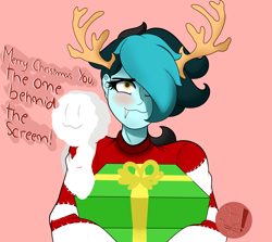 Size: 2220x1980 | Tagged: safe, artist:diamondgreenanimat0, oc, oc:ice diamond, equestria girls, g4, blue hair, blushing, brown eyes, christmas, dialogue, holiday, horns, light blue hair, looking at you, merry christmas, present, red background, red sweater, simple background, smiling, smiling at you, snowman, watching