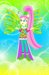 Size: 582x891 | Tagged: safe, artist:magical-mama, artist:selenaede, artist:user15432, fluttershy, fairy, equestria girls, g4, alternate hairstyle, barely eqg related, base used, boots, clothes, colored wings, crossover, crystal sirenix, dress, fairy wings, fairyized, gradient background, gradient wings, green dress, high heel boots, high heels, jewelry, long hair, necklace, ponied up, ponytail, shoes, sirenix, solo, sparkly background, sparkly wings, wings, winx, winx club, winxified, yellow wings