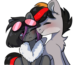 Size: 1300x1093 | Tagged: safe, artist:cottonsweets, oc, oc only, oc:mimicry, oc:primaryforce, original species, pony, blushing, chest fluff, cute, duo, goggles, shiftling, simple background, transparent background