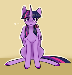 Size: 667x696 | Tagged: safe, artist:cyrinthia, twilight sparkle, alicorn, pony, g4, floating heart, flower, flower in mouth, heart, heart eyes, looking at you, mouth hold, sitting, solo, twilight sparkle (alicorn), wingding eyes