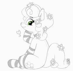 Size: 2968x2898 | Tagged: safe, artist:pabbley, daisy, flower wishes, earth pony, pony, g4, clothes, female, floating heart, flower, flower in hair, flower in tail, grayscale, heart, high res, looking back, mare, monochrome, partial color, simple background, sitting, smiling, socks, solo, stockings, striped socks, tail, thigh highs, white background