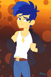 Size: 2911x4362 | Tagged: safe, artist:felux, flash sentry, human, equestria girls, g4, abstract background, alternate hairstyle, belt, clothes, handsome, jacket, jewelry, male, necklace, pants, show accurate, sleeveless, solo, stupid sexy flash sentry