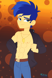 Size: 2911x4362 | Tagged: safe, alternate version, artist:felux, flash sentry, human, equestria girls, g4, abs, abstract background, aesthetics, alternate hairstyle, belt, clothes, handsome, jacket, jewelry, male, necklace, pants, show accurate, solo, stupid sexy flash sentry