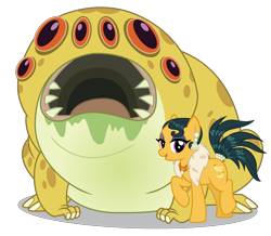 Size: 4356x3803 | Tagged: safe, artist:cheezedoodle96, artist:dragonchaser123, edit, cleopatra jazz, bufogren, earth pony, pony, dungeons and discords, g4, the end in friend, .svg available, absurd resolution, drool, duo, ear piercing, earring, eyeshadow, feather boa, female, fur scarf, jewelry, lidded eyes, looking at you, makeup, mare, multiple eyes, necklace, open mouth, piercing, raised hoof, shipping fuel, simple background, smiling, svg, tail, tail wrap, transparent background, vector