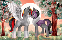 Size: 2404x1576 | Tagged: safe, artist:das_leben, oc, oc only, oc:mimicry, oc:primaryforce, original species, pegasus, pony, eye contact, female, looking at each other, looking at someone, love, male, oc x oc, shiftling, shipping, straight, winter