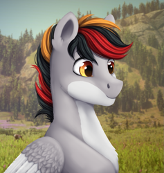 Size: 1017x1072 | Tagged: artist needed, source needed, safe, oc, oc only, oc:primaryforce, pegasus, pony, bust, forest, forest background, grass, mountain, mountain range, outdoors, red dead redemption, red dead redemption 2, solo, tree, western, wild west