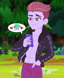 Size: 2952x3609 | Tagged: safe, alternate version, artist:felux, duke suave, lemon zack, human, equestria girls, g4, my little pony equestria girls: better together, abs, alternate clothes, clothes, cute, emoji, emoticon, everfree forest, gay, happy, heart, high res, hoodie, lemonduke, male, pants, phone, pictogram, shipping, show accurate, smiling, smirk, texting