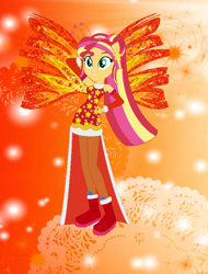 Size: 590x775 | Tagged: safe, artist:magical-mama, artist:selenaede, artist:user15432, sunset shimmer, fairy, equestria girls, g4, alternate hairstyle, barely eqg related, base used, boots, clothes, colored wings, crossover, crystal sirenix, dress, fairy wings, fairyized, gradient background, gradient wings, hand on hip, high heel boots, high heels, long hair, orange background, ponied up, ponytail, red dress, red wings, shoes, simple background, sirenix, solo, sparkly background, sparkly wings, wings, winx, winx club, winxified