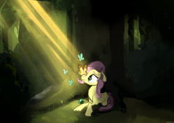 Size: 1754x1240 | Tagged: safe, artist:megalura, fluttershy, butterfly, pegasus, pony, g4, butterfly on nose, crepuscular rays, female, insect on nose, lying down, mare, prone, solo