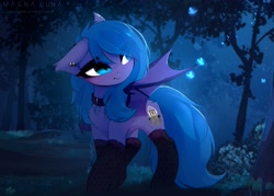 Size: 4096x2936 | Tagged: safe, artist:magnaluna, oc, oc only, oc:belfry towers, bat pony, butterfly, pony, bat wings, commission, female, forest, mare, night, solo, wings