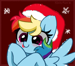 Size: 3739x3326 | Tagged: safe, artist:kittyrosie, rainbow dash, pegasus, pony, g4, blushing, christmas, cute, dashabetes, female, hat, high res, holiday, red background, santa hat, simple background, solo, tongue out