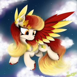Size: 4000x4000 | Tagged: safe, artist:ser-p, oc, oc only, oc:embershine, pegasus, pony, absurd resolution, cloud, colored wings, female, flying, mare, signature, sky, solo, spread wings, two toned wings, wings