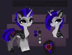 Size: 4096x3126 | Tagged: safe, artist:magnaluna, oc, oc only, oc:jaded bullet, pony, unicorn, explicit source, horn, reference sheet, solo, unicorn oc