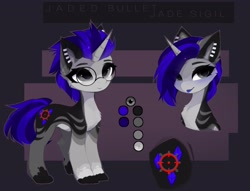 Size: 4096x3126 | Tagged: safe, artist:magnaluna, oc, oc only, oc:jaded bullet, pony, unicorn, explicit source, horn, reference sheet, solo, unicorn oc