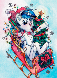 Size: 1277x1731 | Tagged: safe, artist:red-watercolor, oc, oc only, oc:mirror image, pony, unicorn, christmas, christmas lights, christmas star, christmas tree, clothes, female, frog (hoof), holiday, horn, mare, present, ribbon, scarf, simple background, sled, smile and wave, snow, snowflake, solo, traditional art, tree, underhoof