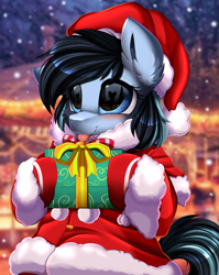 Size: 2550x3209 | Tagged: safe, artist:pridark, oc, oc only, pony, christmas, clothes, costume, high res, holiday, present, santa costume, snow, snowfall, solo
