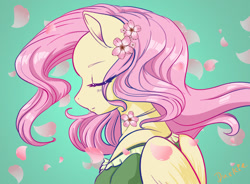 Size: 1024x752 | Tagged: safe, artist:demonspain, fluttershy, pegasus, anthro, g4, eyes closed, flower, flower in hair, flower petals, gradient background, profile, solo